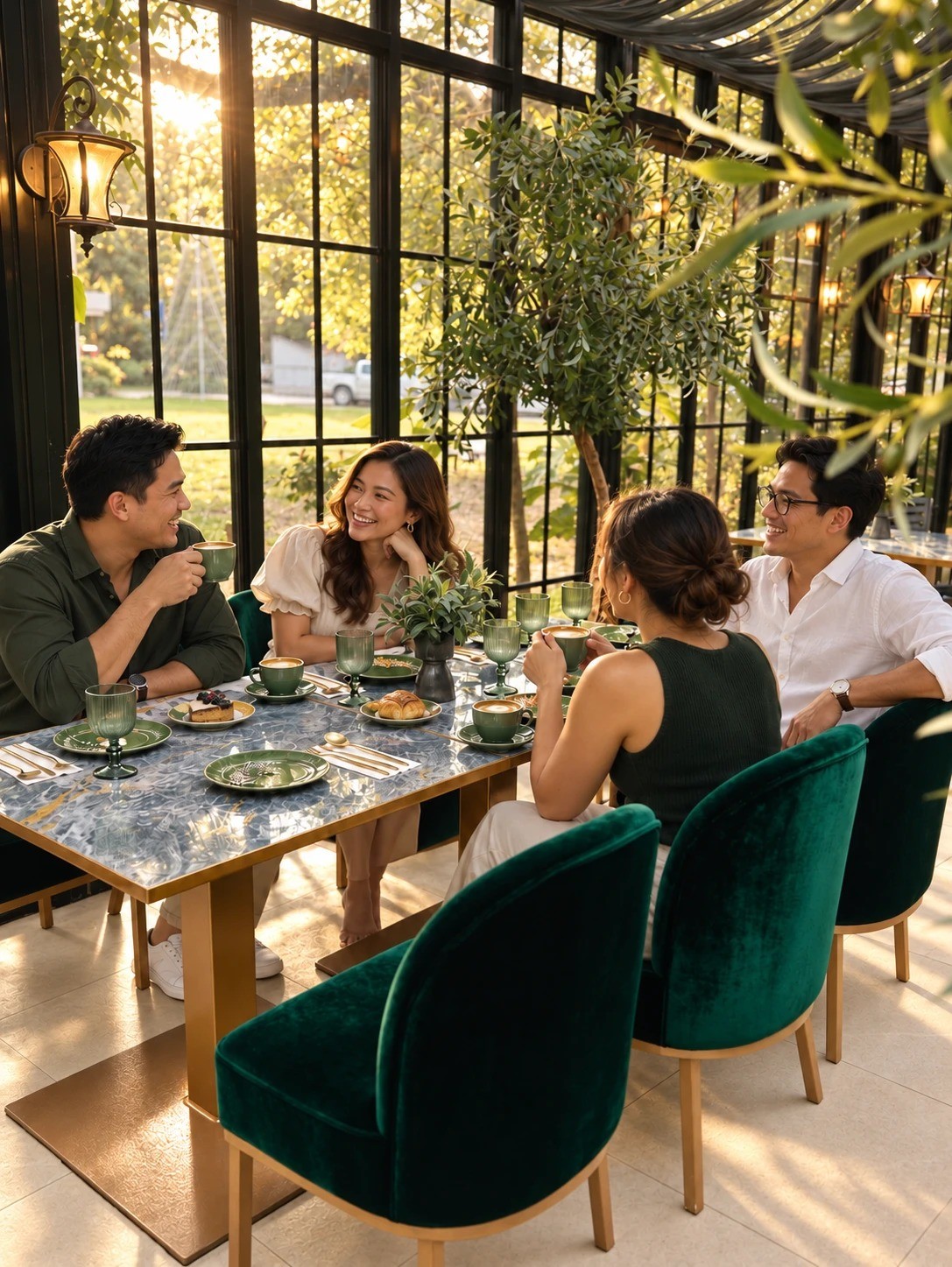 An illustration of guests at a long table in Casa Verde, among the trees