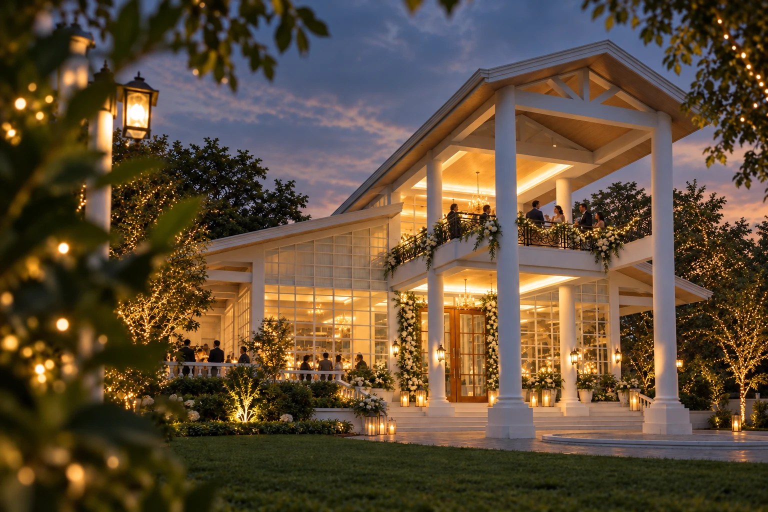 A wedding evening at Casa de Canitoan with warm light and a softly coloured sky